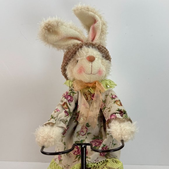 Floral Bunny Plush Doll On Metal Tricycle With Wicker Basket Floral Accents 19" - Picture 2 of 13